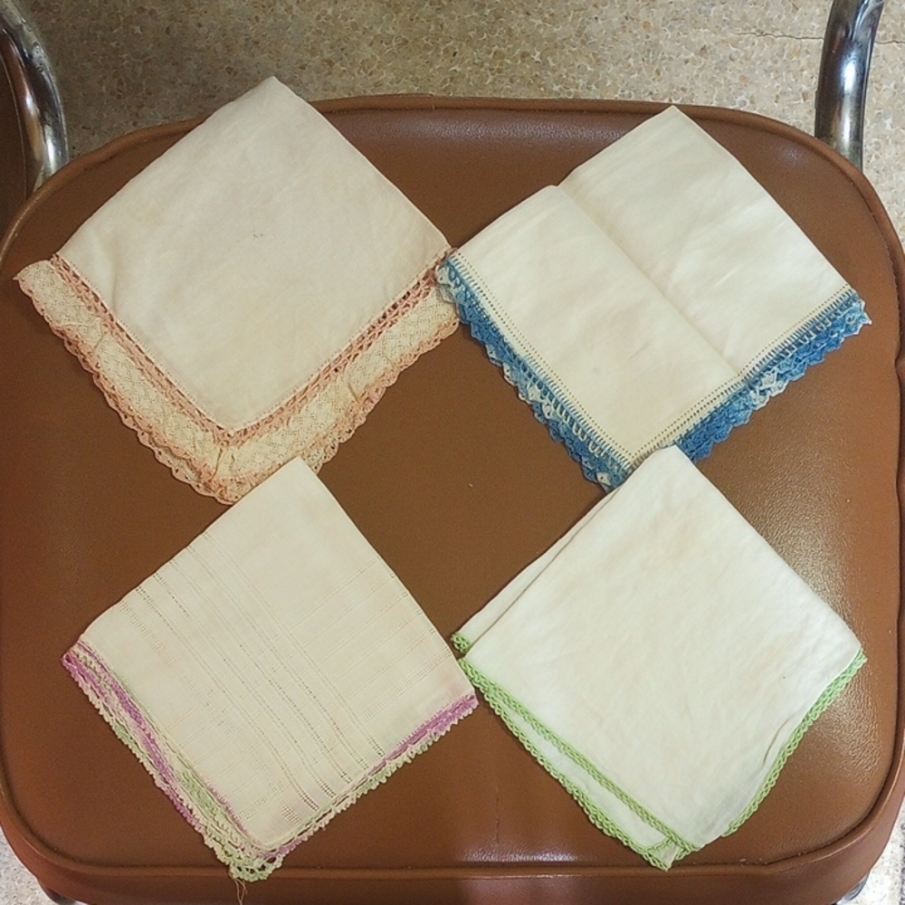 4 Vtg Handkerchiefs, Decorative Colorful Edging. Tatting? Pink Blue Green Purple